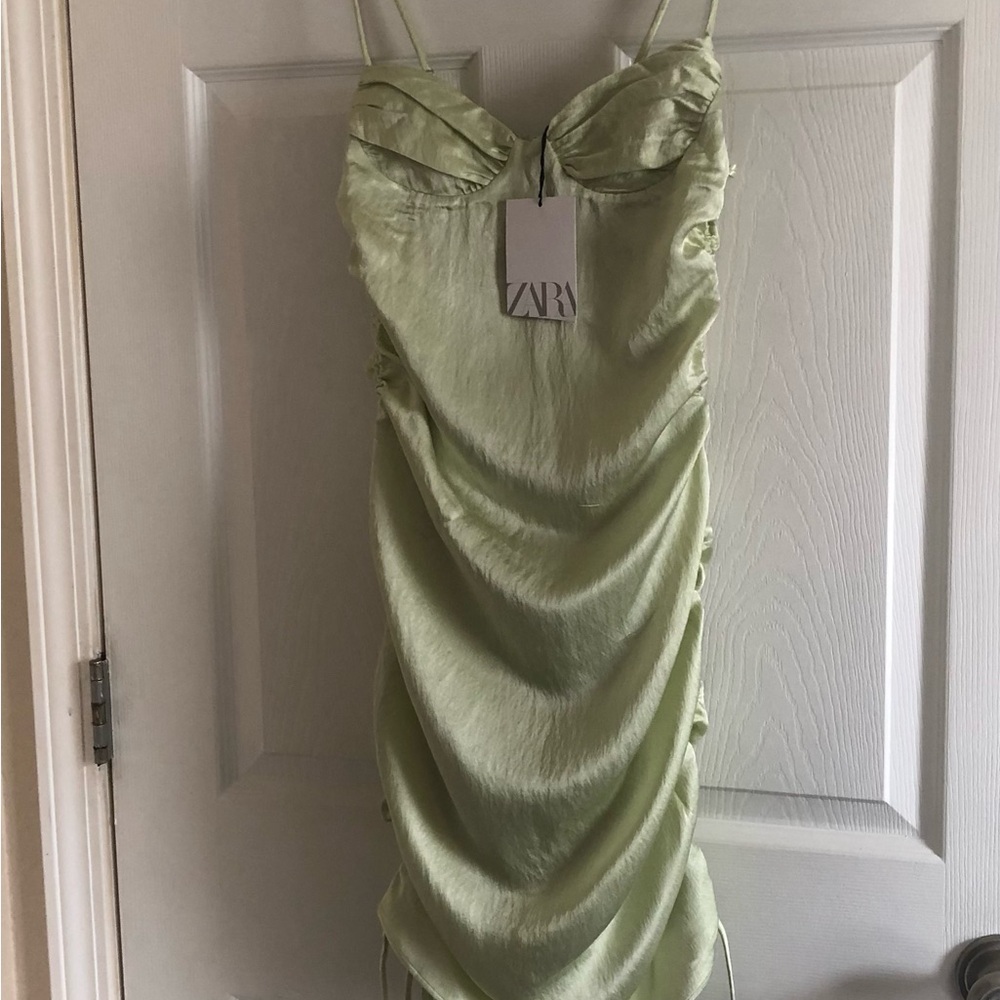 Zara Light Green Satin Ruched Dress 👗